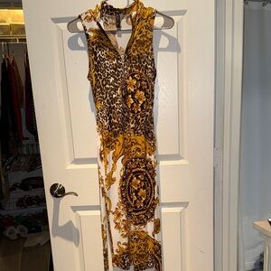 Sleeveless Yellow Leopard & Medallion Print Maxi Dress
